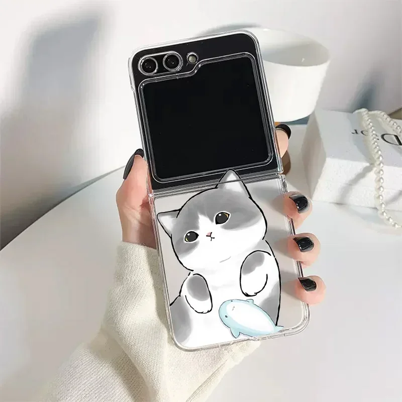 Funny Cartoon Cat Phone Case for Samsung Galaxy Z Flip 5 ZFlip 6 5G Transaprent Clear Cover for Samsung ZFlip 7 4 ZFlip 3 Fundas
