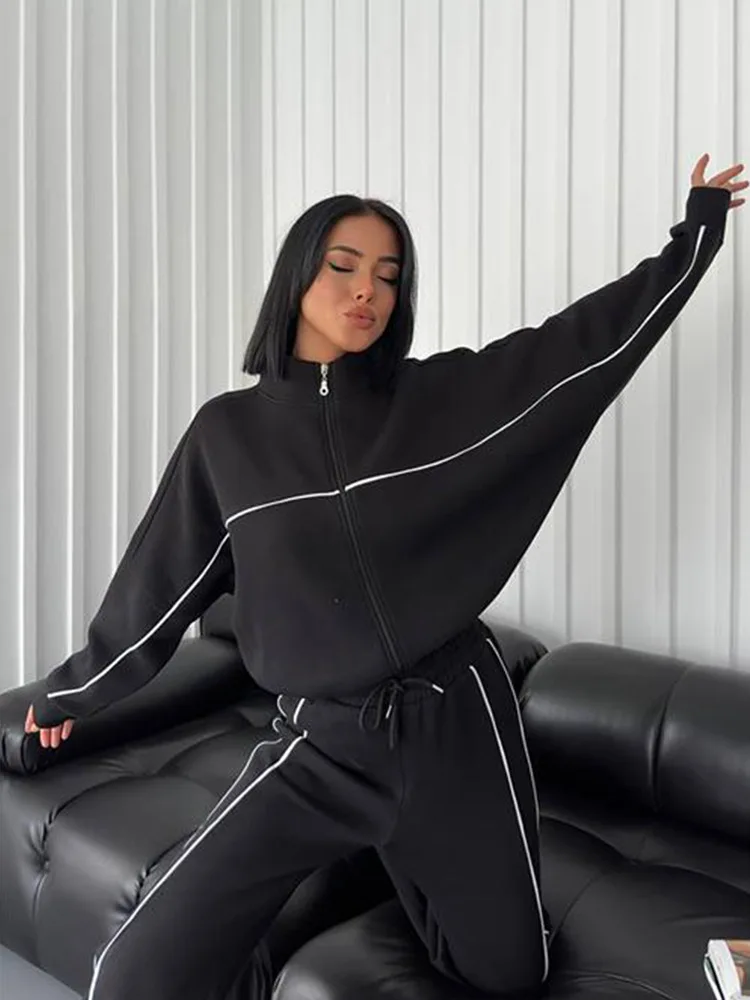 Gothic Oversized Fashion Korean Outfit American Striped Vintage Zipper Pants Baggy Hooded Sports Women\'s Jogging Casual Set 2024