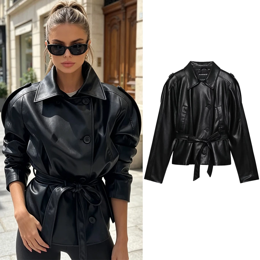 Women Autumn New Butterfly Tie Belt Pad Shoulder PU Jacket Women Imitation Leather Flip-over Long Sleeve Short Wind Lady Jacket