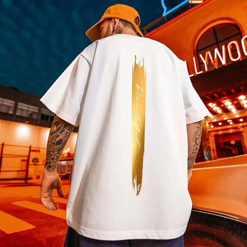 

【Plus Size M-8XL wearable130KG】Large Size Short Sleeve T-shirt Men's Summer Hong Kong style Trendy gilding Print T-shirt