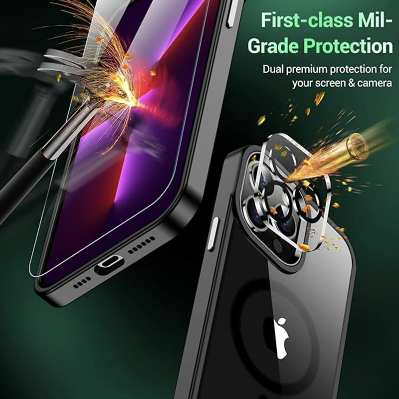 Clear Black Strong Magnetic Phone Case 3 in 1 with Screen Protector for iPhone 15 14 Pro Max Plus 12 13 Mini 11 Shockproof Cover