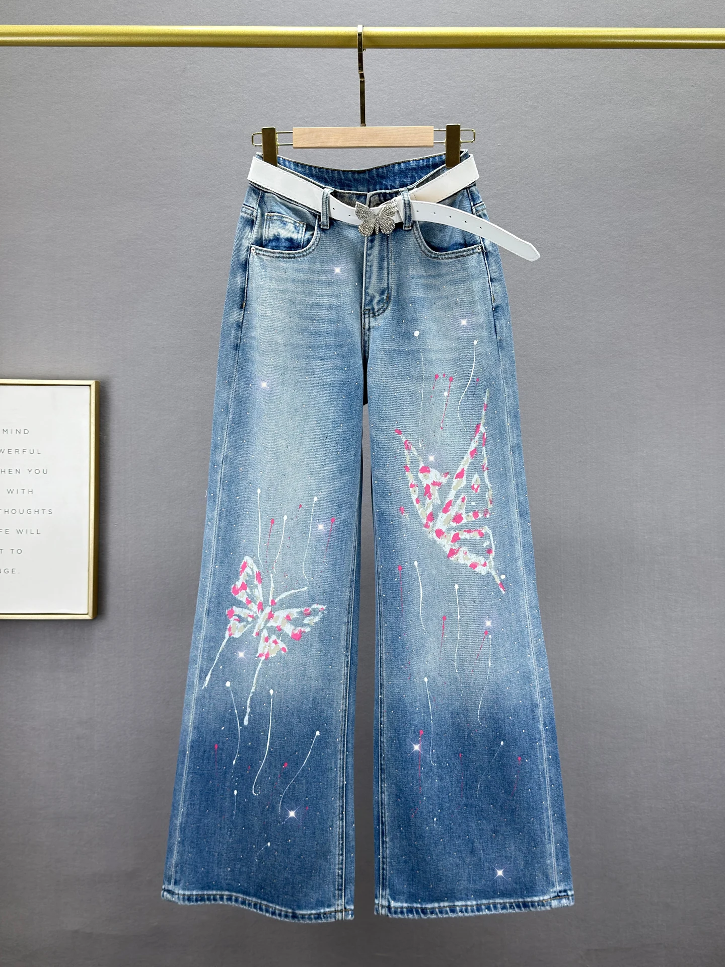 

Женские джинсы с высокой талией и широкими штанинами, весна 2026, новинка, с принтом, свободные, визуально стройнящие, винтажные, с ромбовидными вставками, удлиненные