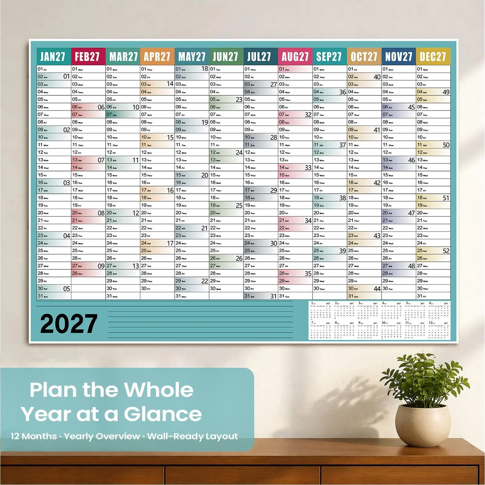 2027 Wall Calendar Large Yearly Planner Double Sided design 12 Month Schedule sheet  With Color Tabs Sticky Notes For Office