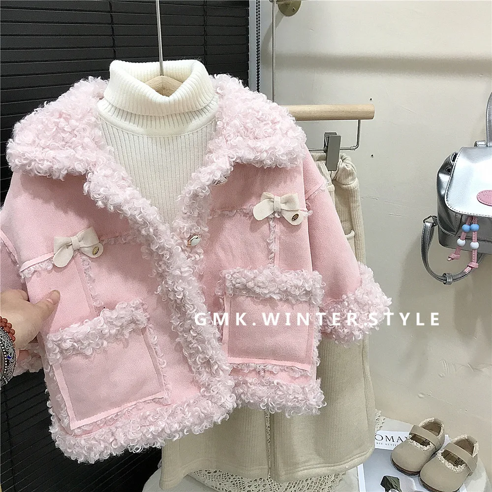 Baby Girls Coats Children Thicken Outerwear Fashion Lamb Wool Fur Fleece Keep Warm Sweet Bow Jackets 2025 Winter New Clothing