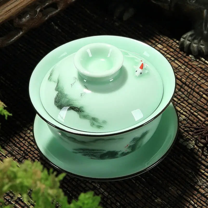 Imagem -06 - Grandness Longquan Gaiwan Conjunto Xícara de Chá de Porcelana Pintado à Mão Floral Sancai Xícara de Chá 170ml