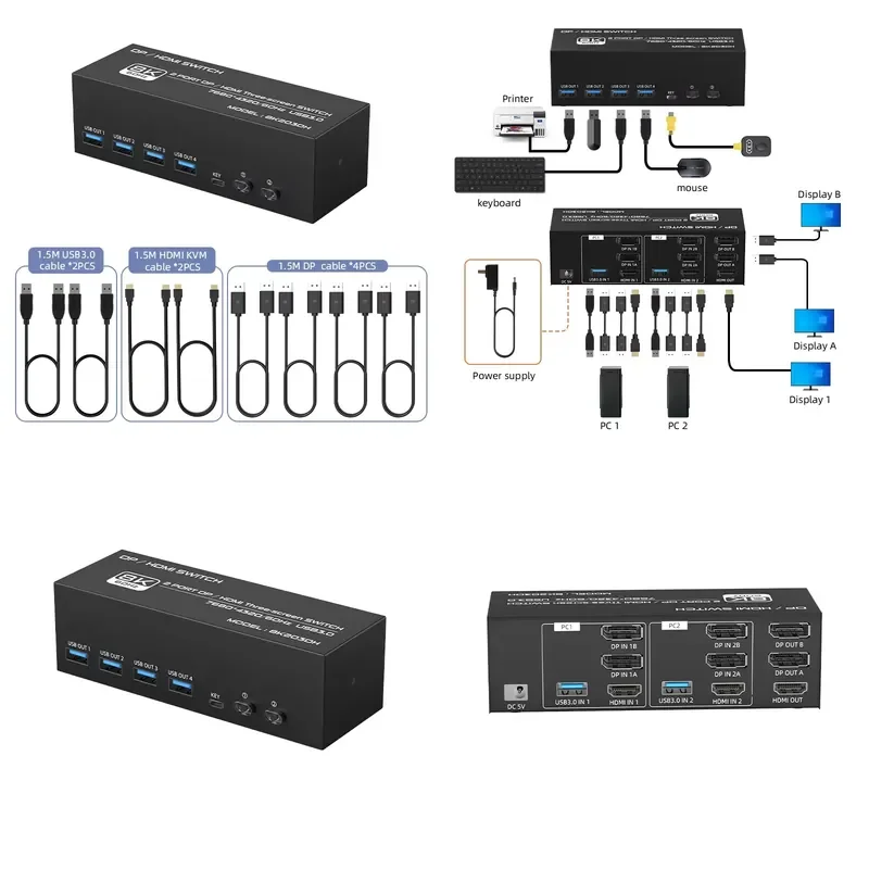 FJ-8K203DH FJGEAR New Arrivals 2 Port Selector USB3.0 Display Port 7680*4320/60Hz 8K DP/ KVM Three Screen Switcher
