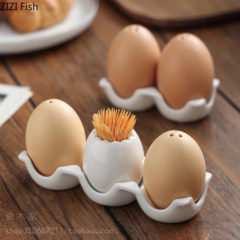 Botella de cerámica con forma de huevo para especias, juego creativo con bandeja para palillos de dientes, tazón de azúcar y sal para cocina, herramienta de condimentos para el hogar