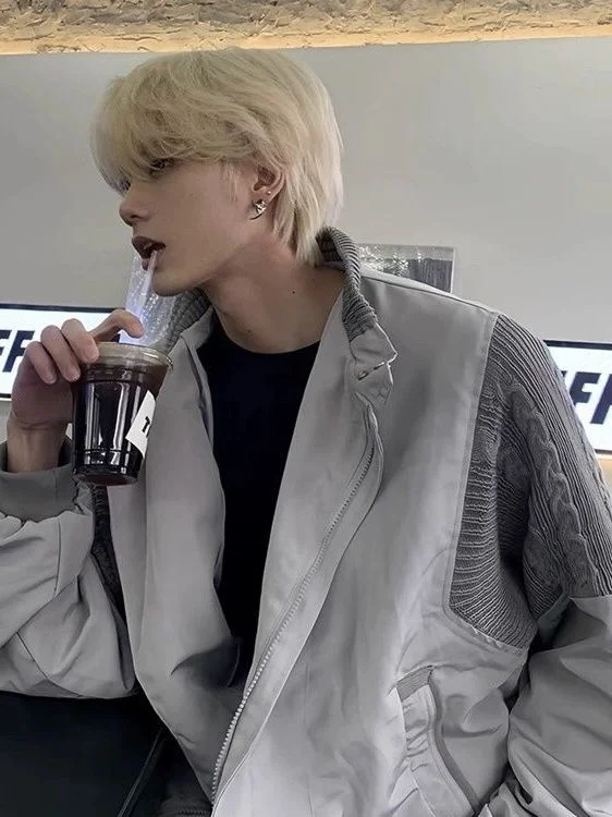 

Мужская вязаная куртка оверсайз в уличном стиле, винтажная, с пэчворком, весна-осень, свободный крой, на молнии, повседневная