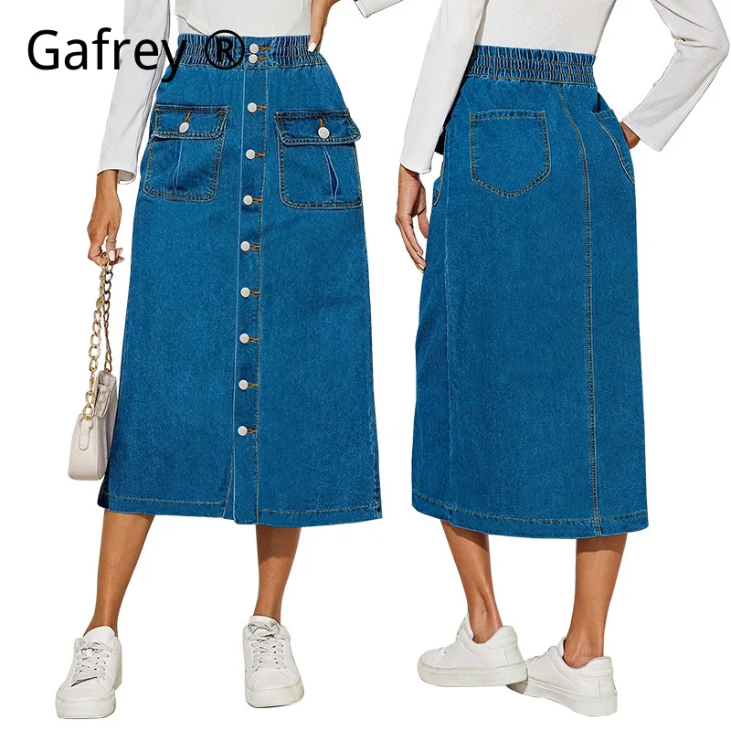 

Plus Size Women New Denim Long Skirt Slim Fit Button Down Maxi Skirt Casual Fashion Streetwear A Line Soft Jean Skirt Outfit