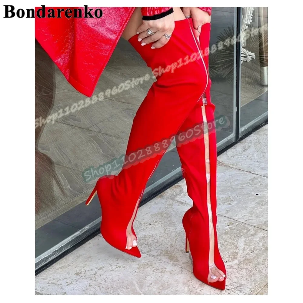 

Thigh High Red Flock PVC Splicing Pointy Boots Thin High Heel Shoes For Women Side Zipper Peep Toe Casual Zapatos Para Mujer
