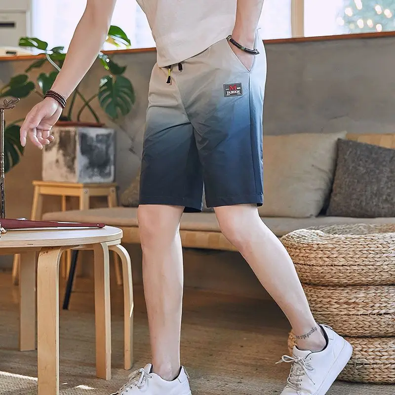 Pantalones cortos informales de verano para hombre, cintura elástica, cordón, bolsillos de contraste, hasta la rodilla, moda coreana
