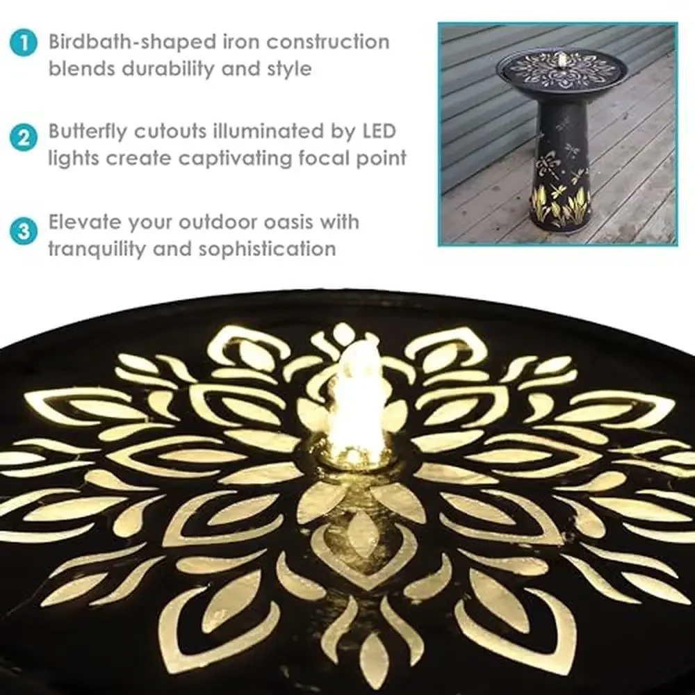 Dragonfly Design Outdoor Bird Bath Fountain with LED Lights 26.75-Inch Height Garden Accent Submersible Electric Pump Iron