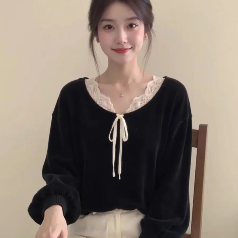 Women's Black Long Sleeve Blouse Lace Trim Tie Neck Top Casual Soft Daily Wear Shirt