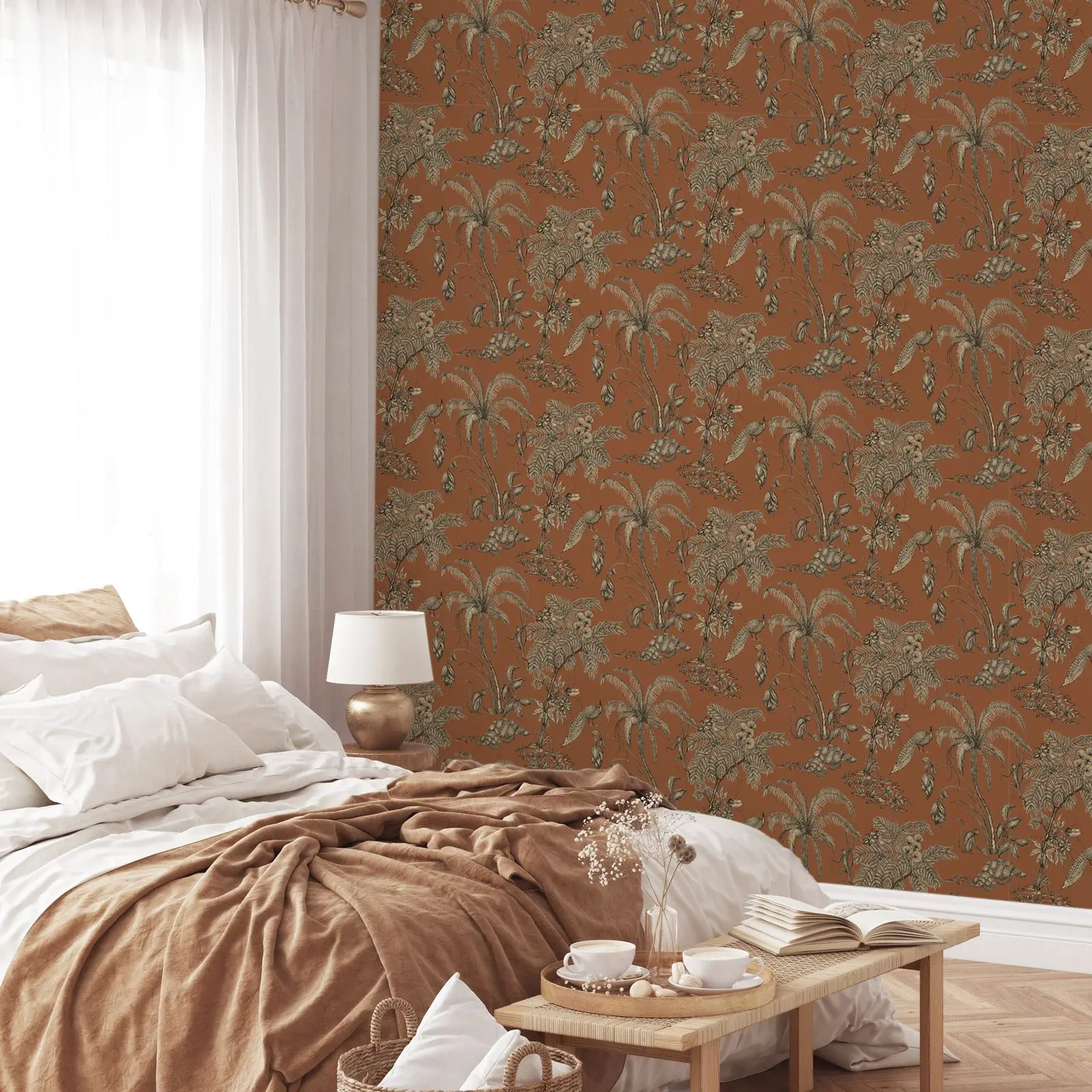 Toile de Jouy Wallpaper with monkey, Peacoark and Palm Trees in Forest, Jungle animal Wall paper with terracotta and beige color