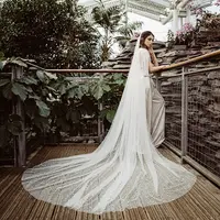 TOPQUEEN V09A velo de novia de perlas de 3m de ancho 5m de longitud de catedral velo de novia suave de una sola capa tamaño denso velo con cuentas de perlas Iglesia