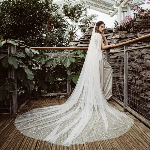 TOPQUEEN V09A velo de novia de perlas de 3m de ancho 5m de longitud de catedral velo de novia suave de una sola capa tamaño denso velo con cuentas de perlas Iglesia