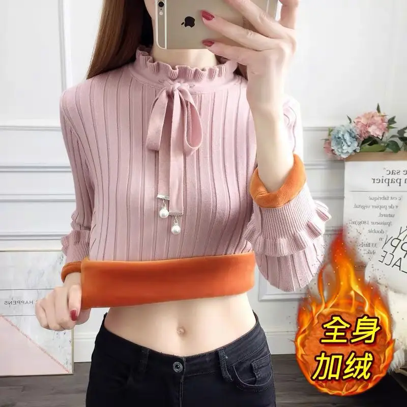 Padded Thickened Warm Half-high Bowknot Neck Sweater Women\'s Fall Winter Clothing Slim Inner Knitting Bottoming Shirt Tops