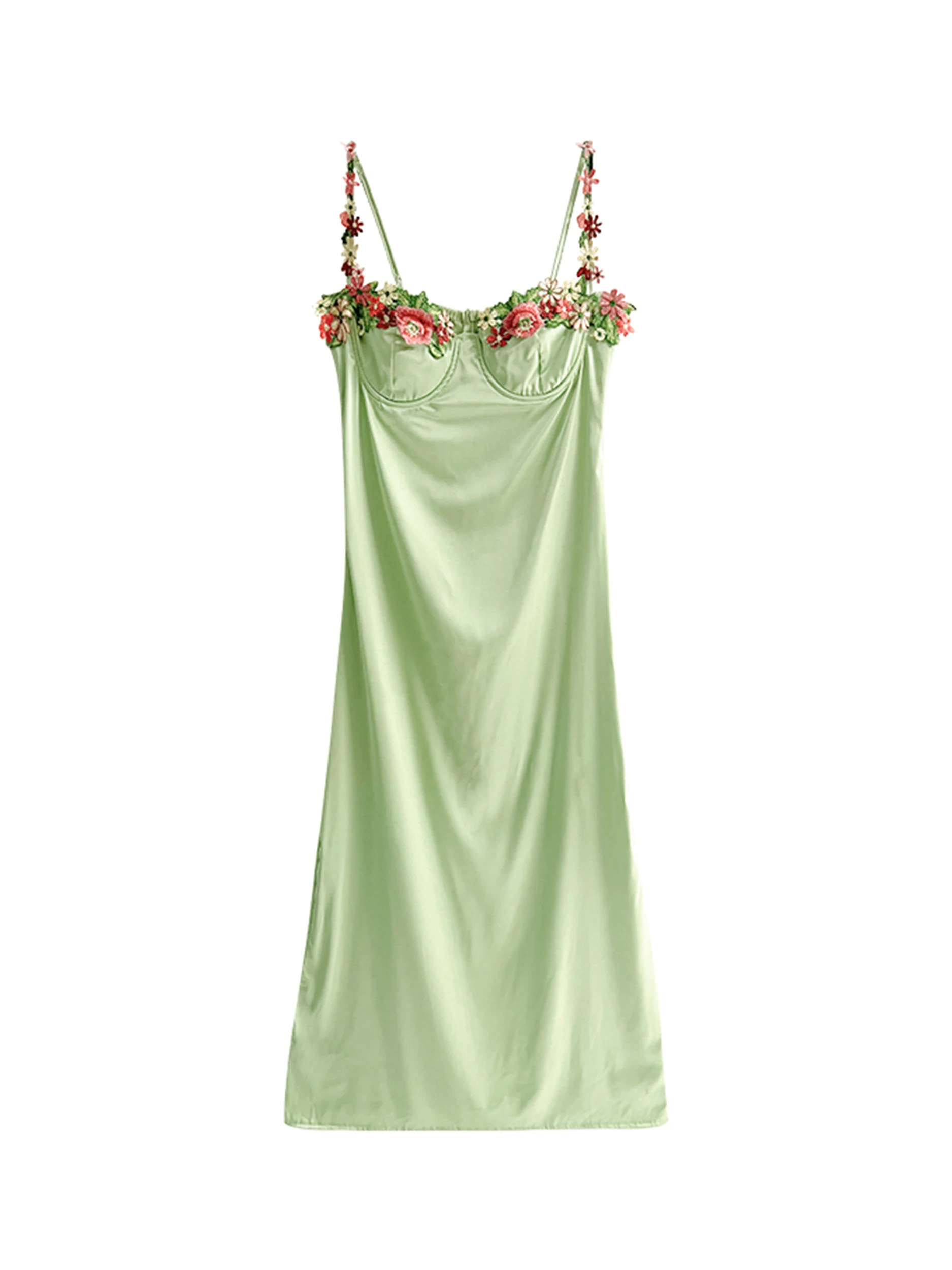 American Style Spicy Girl Green Flower Embroidered Sling Low Collar Dress Women Summer Dopamine High Waist Slim Long Dress 1X6P