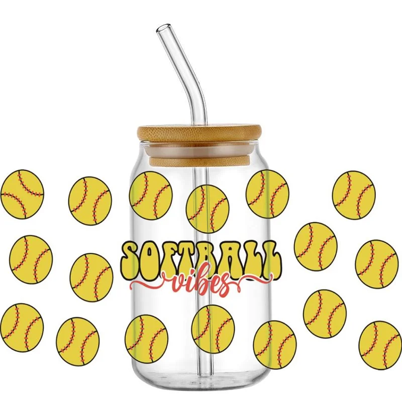 Softball Series 16oz UV DTF Cup Wrap Transfers Stickers Softball etichette personalizzate Logo impermeabile durevole per Libbey Glass Can