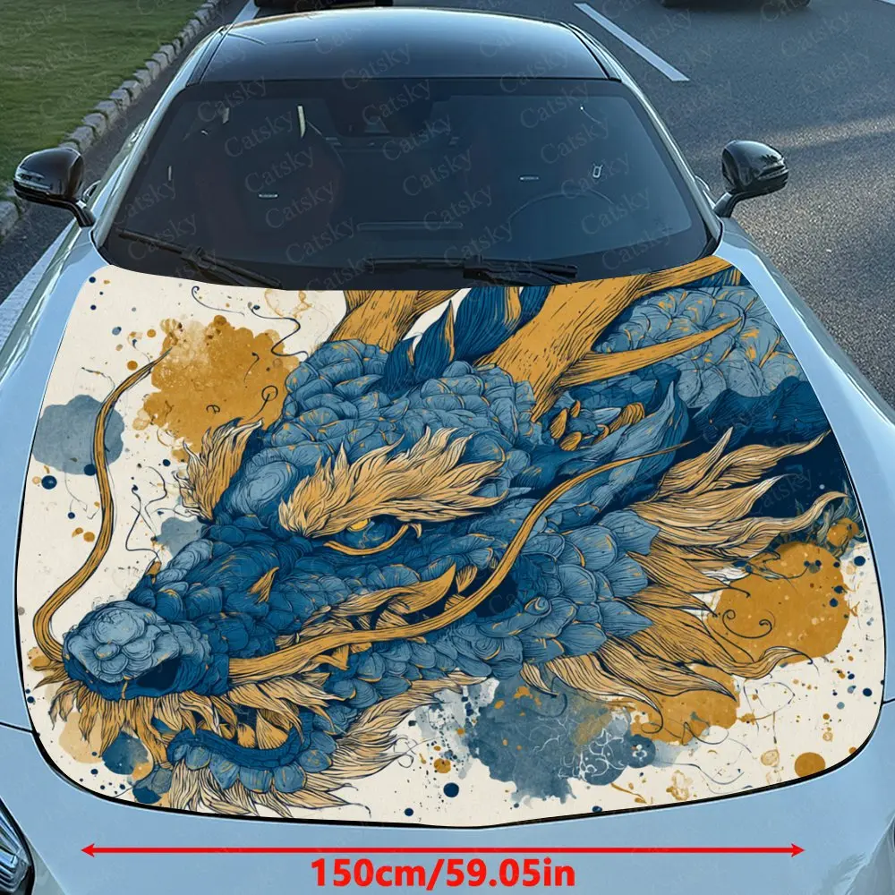 Oriental Blue Dragon Car Hood Sticker, Premium Vinyl Sticker For Automotive Exterior Customization, Durable PVC Vinyl Wrap