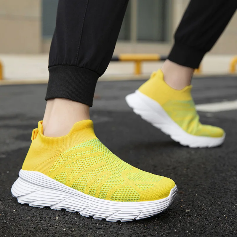 Men's Comfort Elastic Knit Slip On Mesh Platform Sneakers Shock Absorbing Soft Sole Outdoor Daily Travel Gym Running Footwear