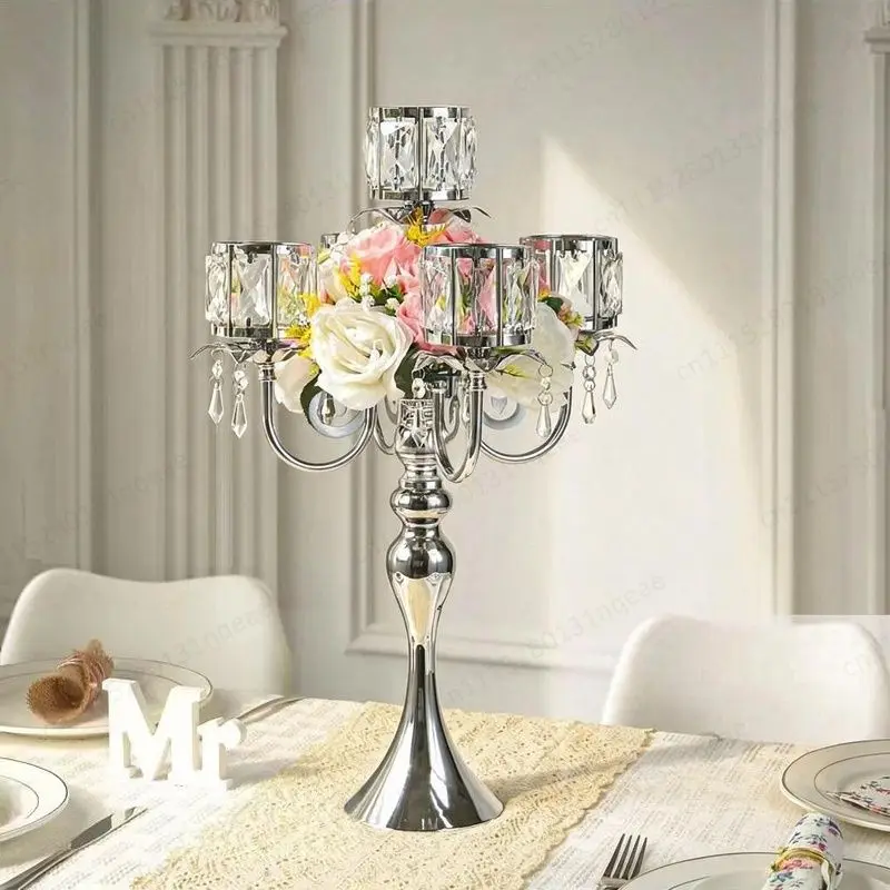 Metal Crystal Silver Candlestick 5-piece Wedding Table Ornament Party Decoration