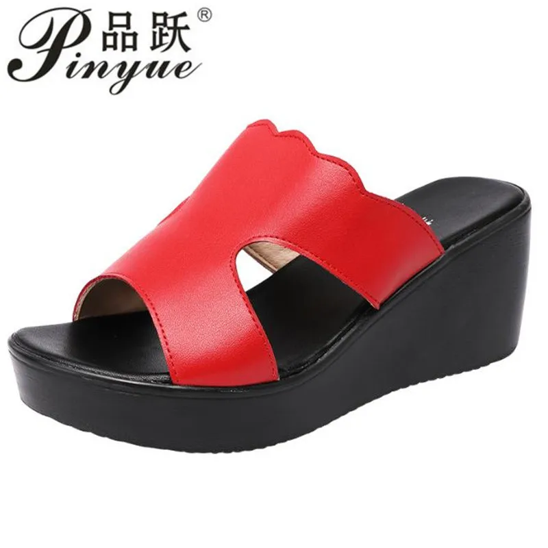 Women Summer Slippers Women Wedges Heels Fashion Summer Genuine Leather Shoes Platform sandal size 32 43