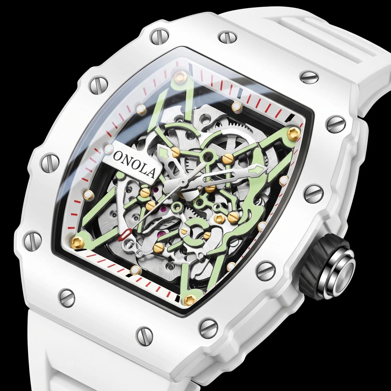 ONOLA Men's Hollow Mechanical Watch Metal Shell Silicone Strap Night Light Waterproof Bucket Shaped Fashion Watch, Men's Gift