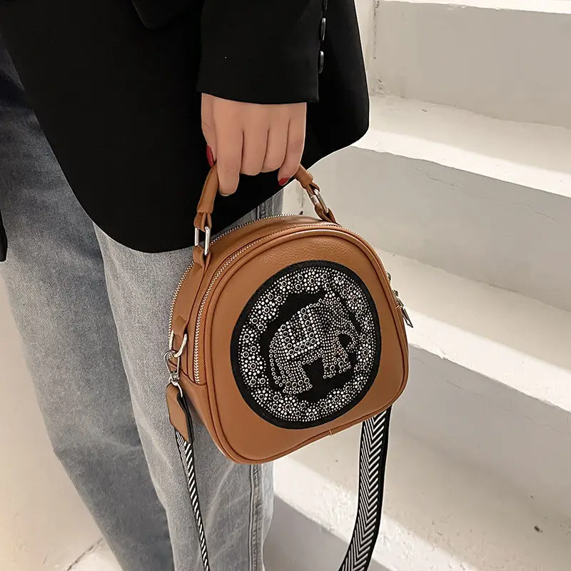 Vintage Fashion Shell Lock Diamond Elephant Bag Bags PU Leather Wide Strap Women Shoulder Crossbody Bag Women\'s Handbags Purses