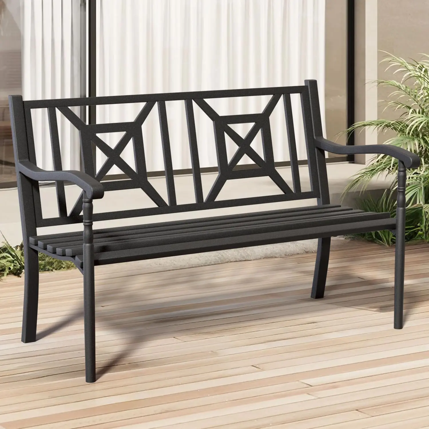 #Metal Patio Bench Weatherproof Lattice Backrest Wrought Iron Garden Park 50in, Customized