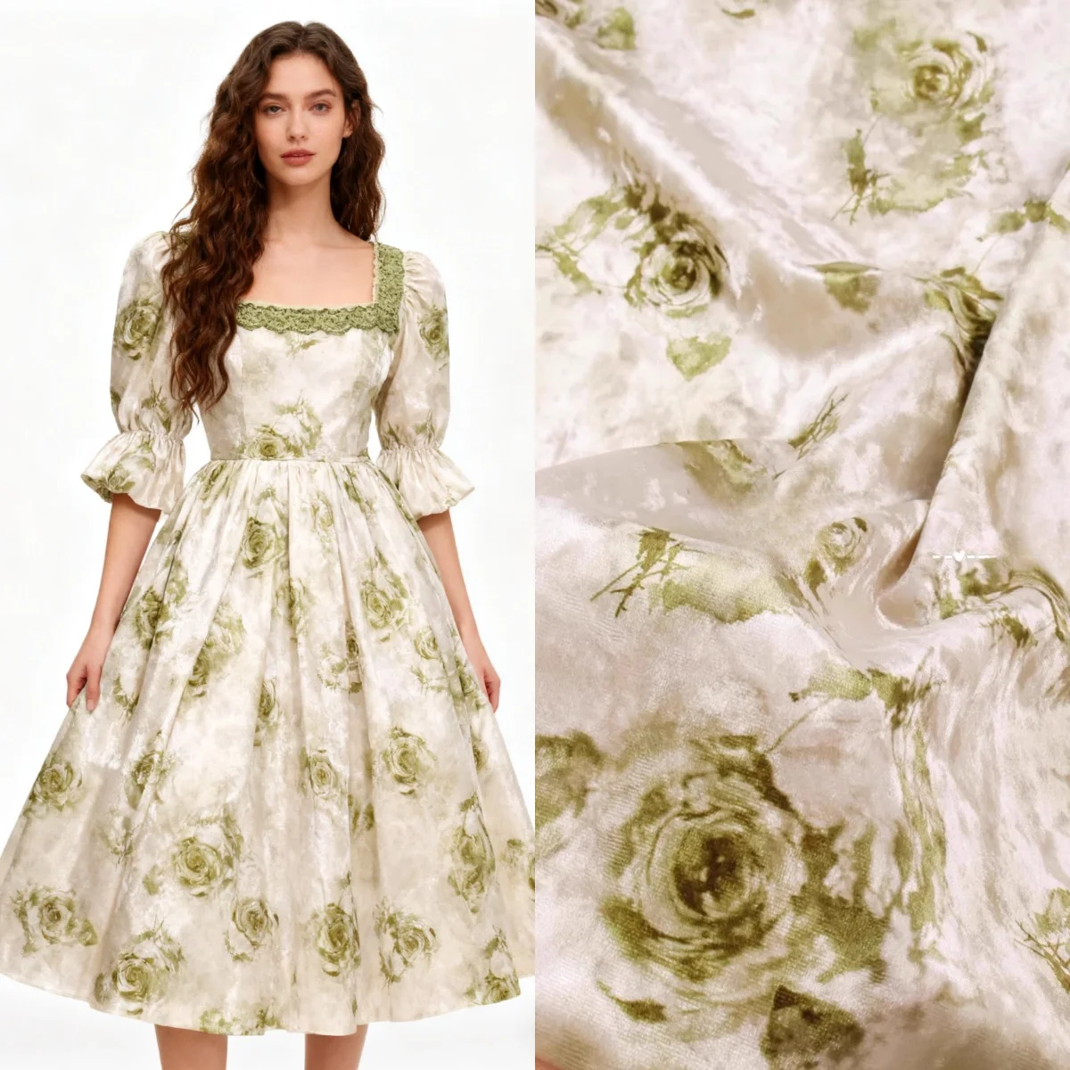 

Глянцевая эластичная зеленая бархатная ткань с принтом розы и золотыми бриллиантами, сшитая ткань для платья, сделай сам, занавеска, скатерть, ткань