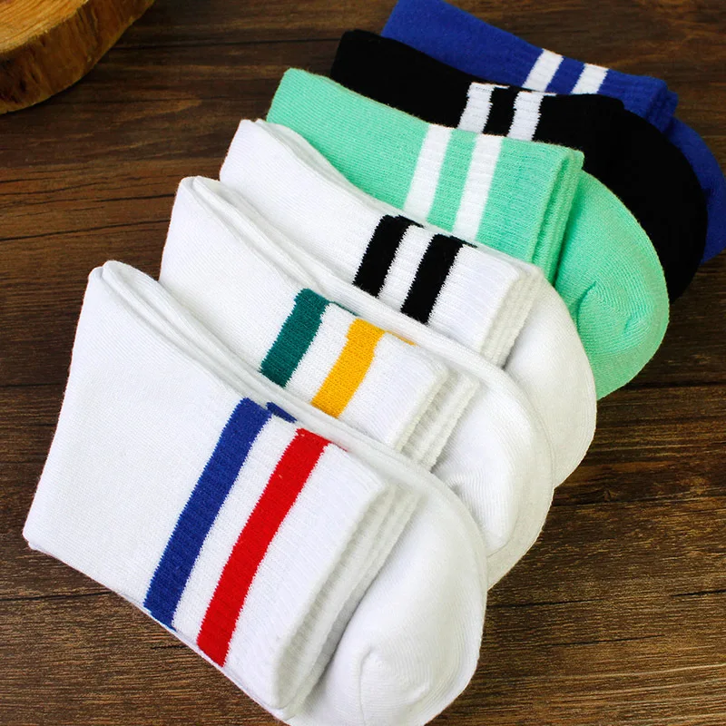 Summer Sports Men's and Women's Socks Couple Solid Color Pure Cotton Breathable Rare Medium Length Socks Two Bar Short Socks