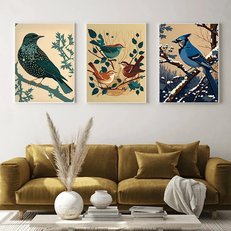 Crow Woodpecker Red Cardinal Bluebird Goldfinch Hummingbird Retro Bird Poster Canvas Painting Modern Wall Art Picture Home Decor