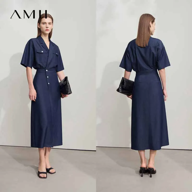 Amii Rechte Jurk Denim Dames 2025, Zomer Eenvoudige Korte Mouw Kantoor Dame Jean Flip Hals Gedrapeerde Cool Shirt Jurk 12542067
