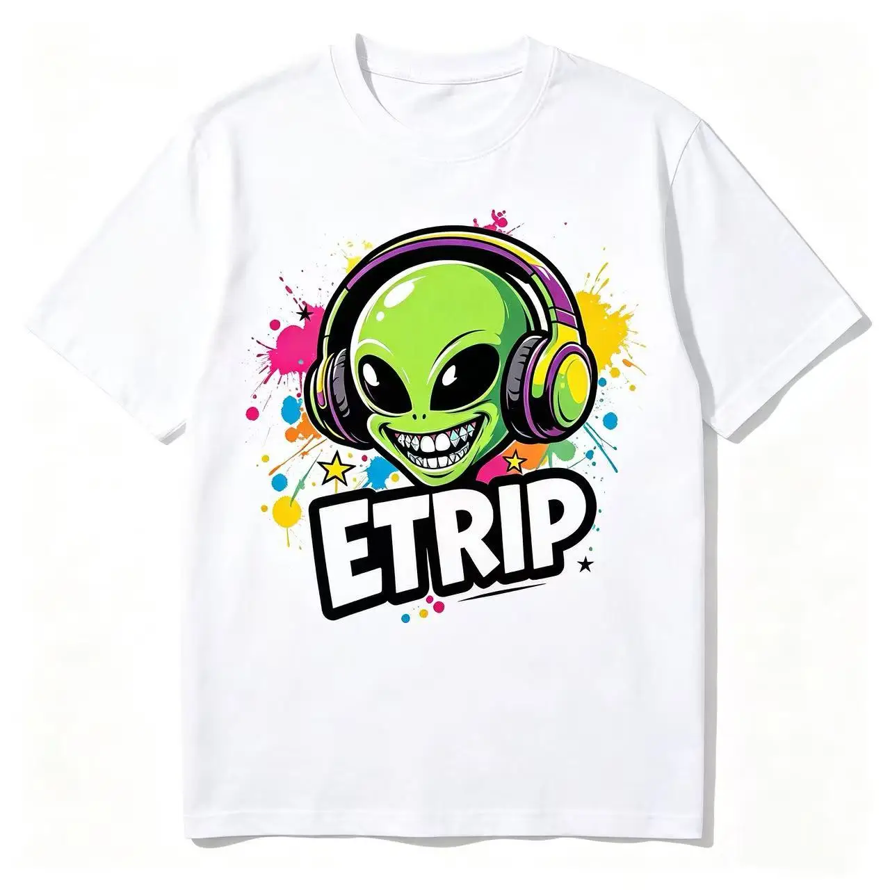 Unisex Green Alien With Headphones ETRIP Paint Splash Cartoon Graphic T Shirt Men Women Hip Hop Streetwear White Short Sleeve Casual Tee