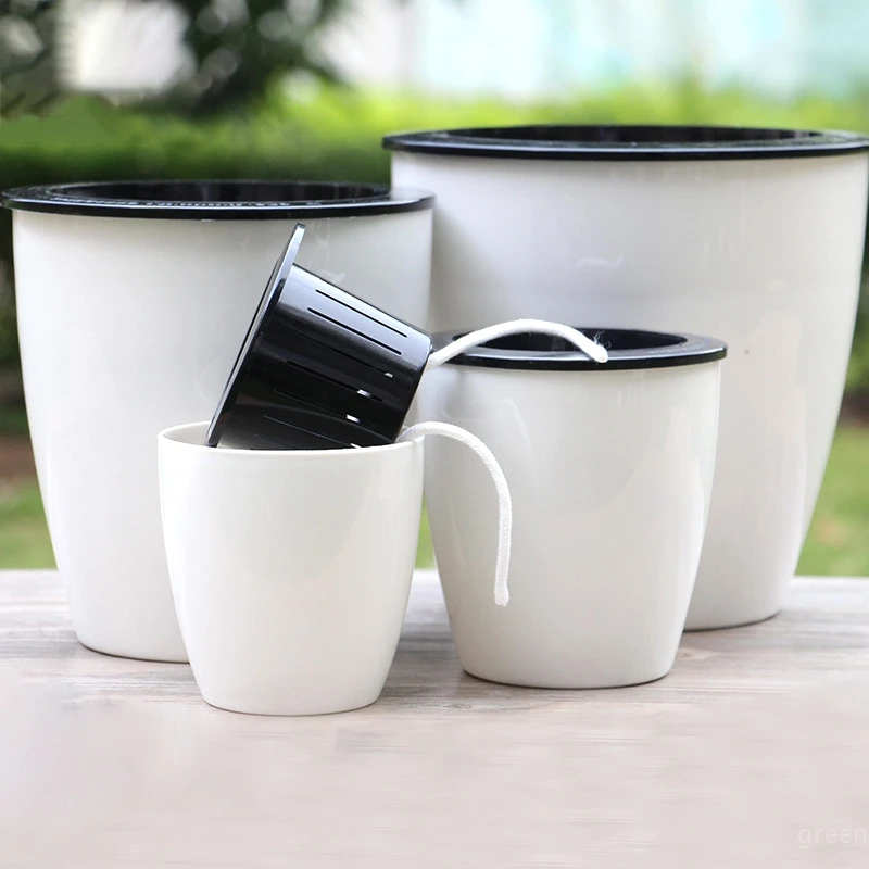 أصيص زهور مستدير بطبقة مزدوجة، وعاء زراعة مائي أوتوماتيكي لامتصاص الماء، أصيص زهور نباتات خضراء كبيرة، بونساي #1