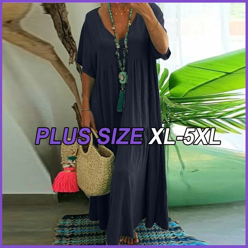 

2025 Summer New Women Plus Size Loose Casual Midi Dress V-Neck Short Sleeves Ruffled Solid Color Basic Style Ruffle Hem Clothes