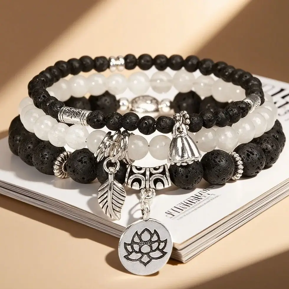 

3pcs/set Buddha Lotus Charm Bracelet Natural Stone Lava Rock White Agates Beads Bracelet Set Leaves Lotus seed Pendant Jewelry