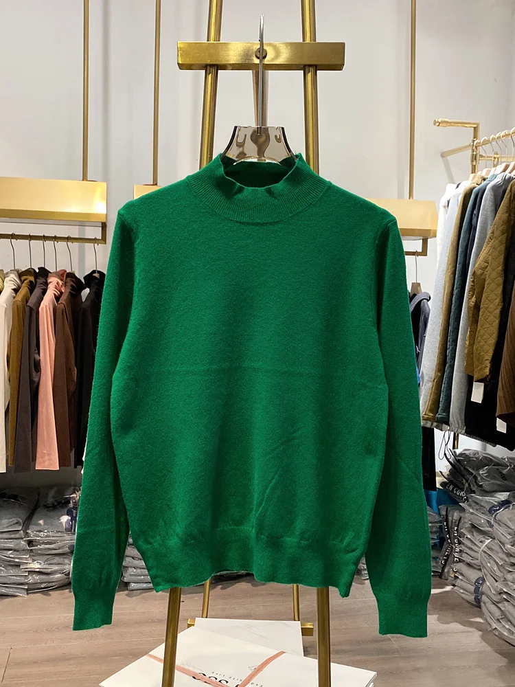 Shot】half High 【Live Collar Knitting Basic Top Women Green Sweater Korea Autumn Winter Casual Long Sleeve Pullover Jumpers Solid