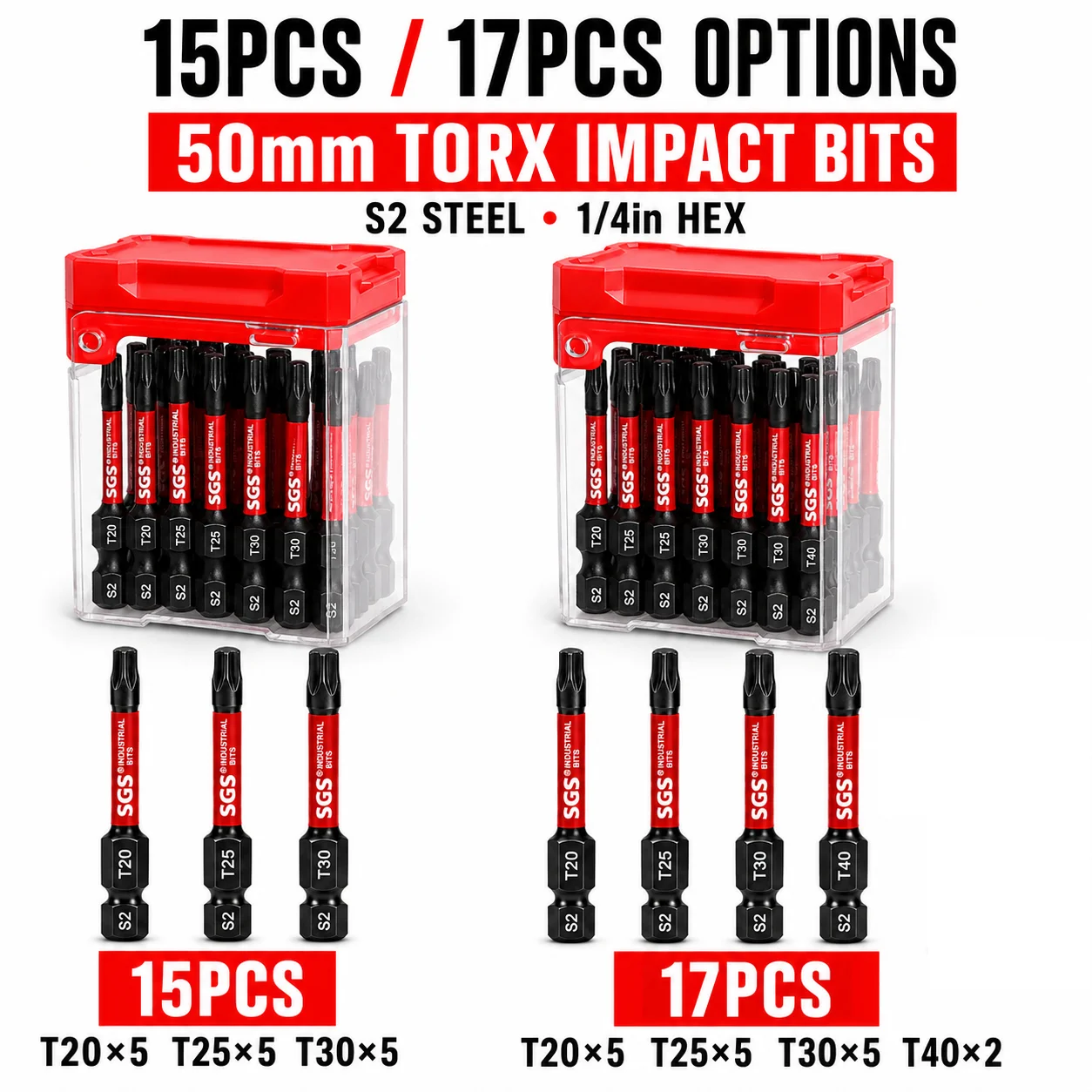 15/17-teiliges 50mm Magnetisches Torx-Schlagschrauber-Bit-Set T20 T25 T30 T40, S2-Stahl 1/4 Zoll Sechskant-Bit-Set mit Koffer für Terrassendielen- und Möbelreparatur – Detail 1