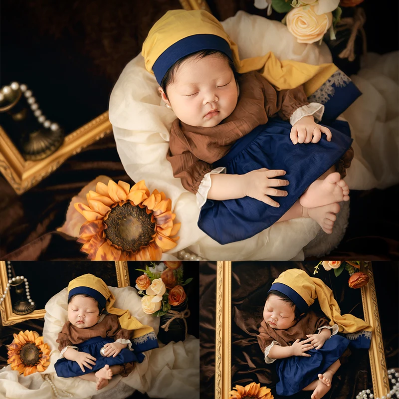 0-1 Month Vintage Newborn Photography Outfit Oil Painting Style Baby Hat +Dress +Apron Set with Pearls Artificial Flowers Props