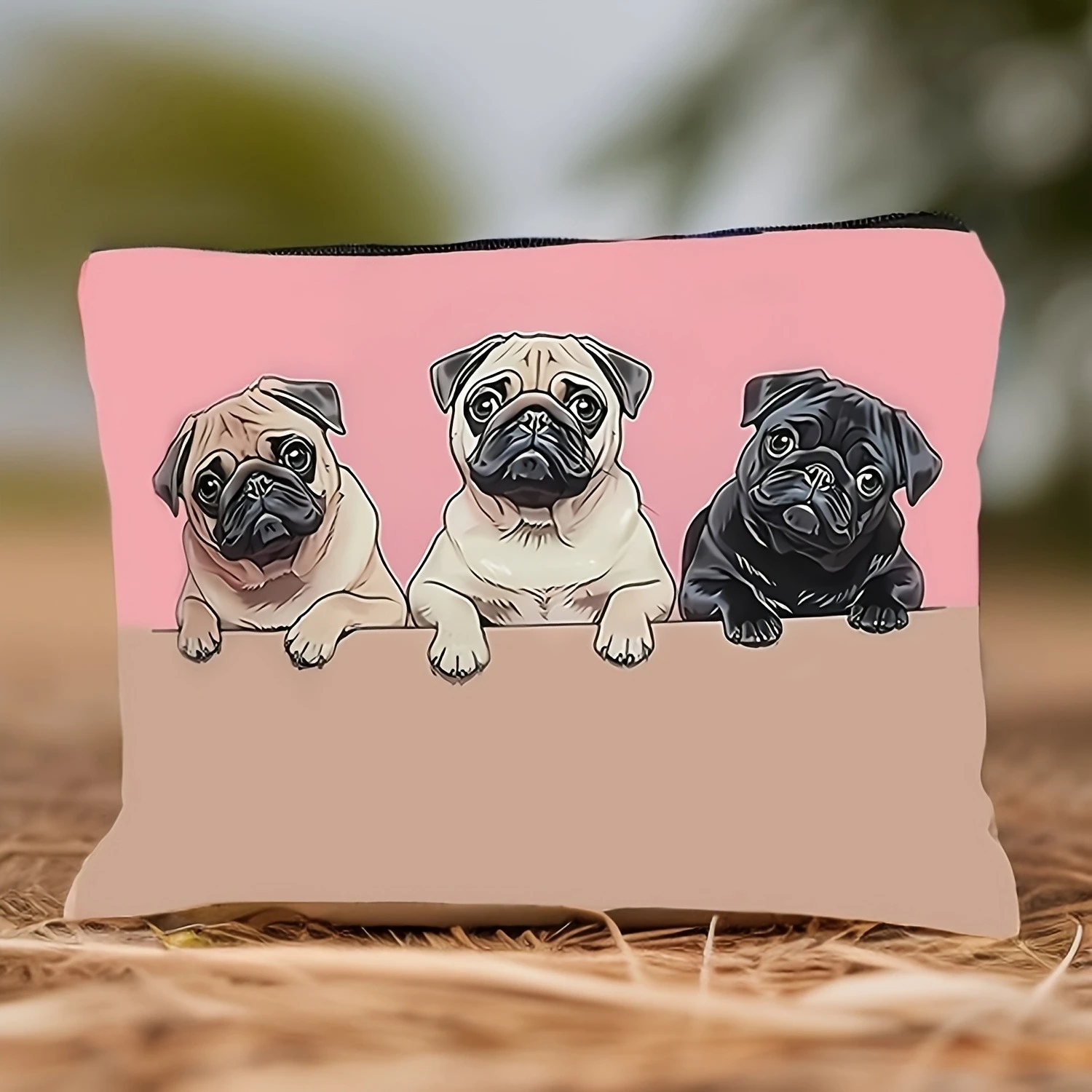 1pc, Cute Pug Dog Print Polyester Makeup Bag, Casual Style, Durable Non-Fading Zipper Closure, Portable Foldable Travel Pouch