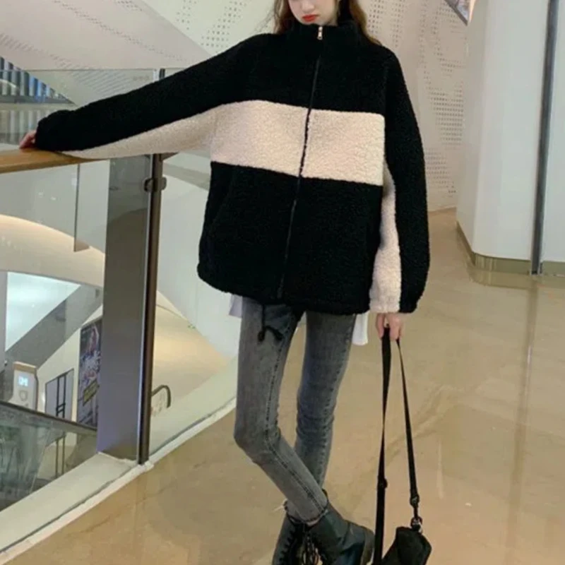 Autumn Winter Fashion Long Sleeve Stand Collar Trench Color Blocking Women's Clothing Korean Zipper Warm All-match Trend Tops