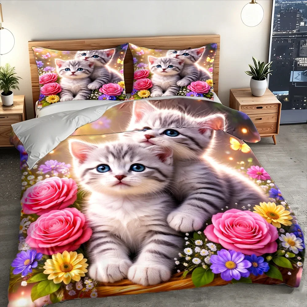 3Pcs Cute Cat and Floral Pattern Duvet Cover Set with 1Pc Duvet Cover and 2Pcs Pillowcases Bedding Accessories Quilt Cover view 4