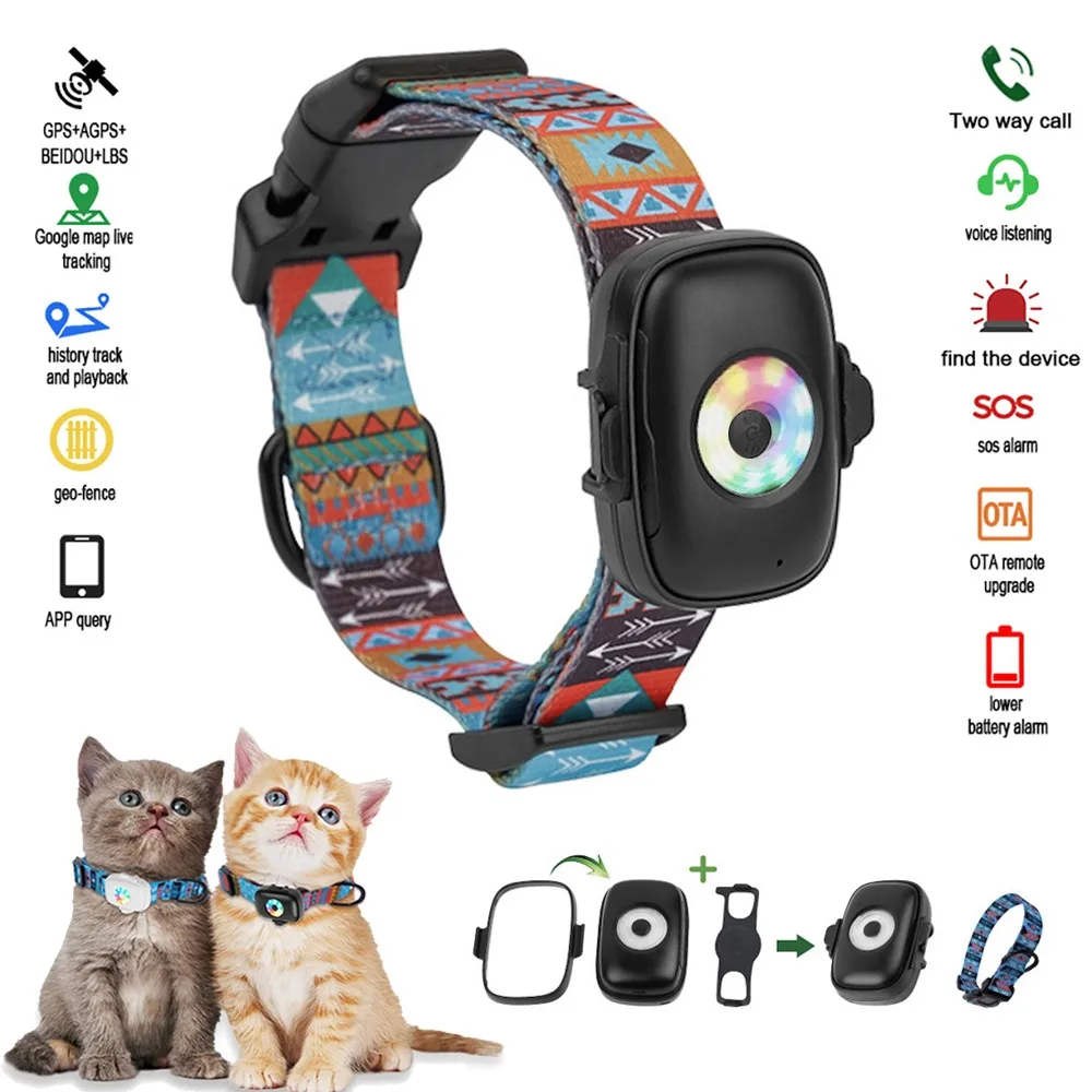 4g Mini Gps Tracker for Dogs W/ Colorful Lights Waterproof Collar Free APP Low Battery Alarm Dog Cat Anti-lost Real-Time Locator