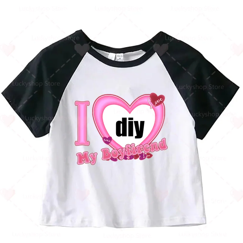 

Y2k Aesthetic Crop Tops DIY Custom Women's T-Shirt I Love My Boyfriend Short Sleeves Vintage Graphic Sexy Baby Tee 2000s Slim