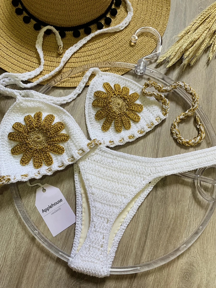 크로셰 비키니 세트 Mujer Tankini 수영복 여성 Biquinis Feminino 섹시한 수영복 Biquini Flor Brazilian adjust Thong Bikini