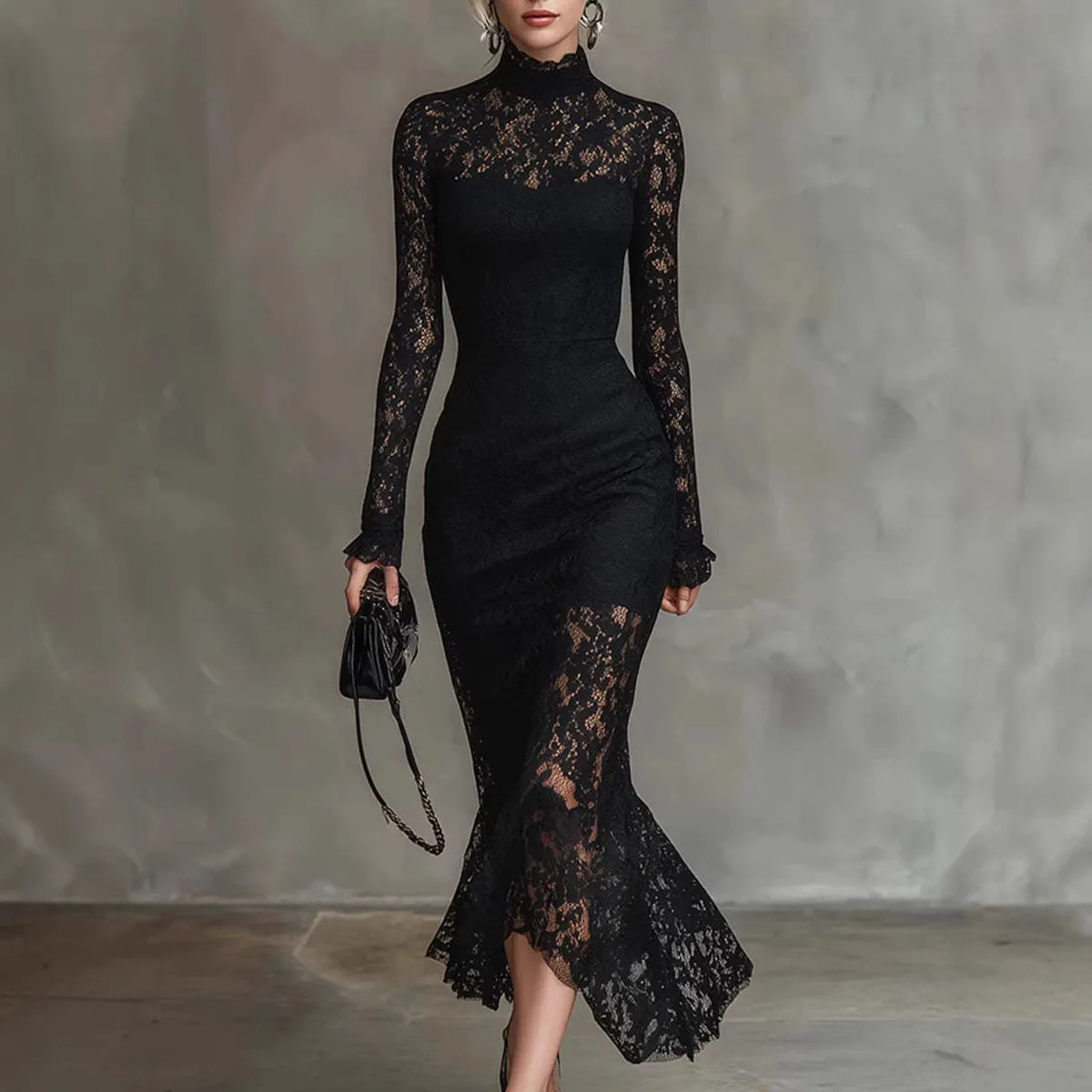 

Кружевное черное платье в готическом стиле с вырезами для женщин, асимметричный подол, прозрачные длинные рукава, ретро-платье-русалка миди с кружевом