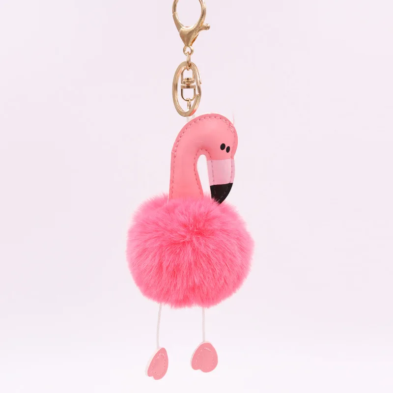 Fluffy Pompom Keychain Plush Pu Flamingo Keyring Lovely Stuffed Doll Key Holder Handbag Hanging Pendant Ornament Wholesale Gift