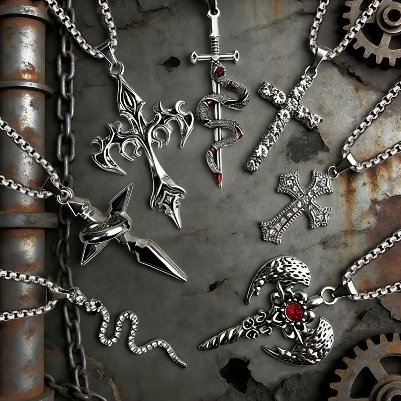 7Pcs Gothic Pendant Necklace Set Snake Sword Cross Axe Dagger Silver Box Chain Punk Neck Men's and Women's Jewelry